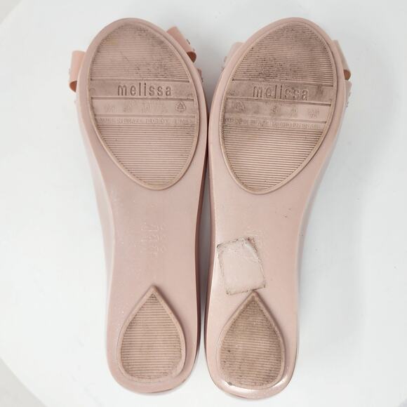 Melissa Ultragirl Sweet XVI Flats Women 9 Blush Pink Gold Accent Double Bow Peep - Picture 12 of 15